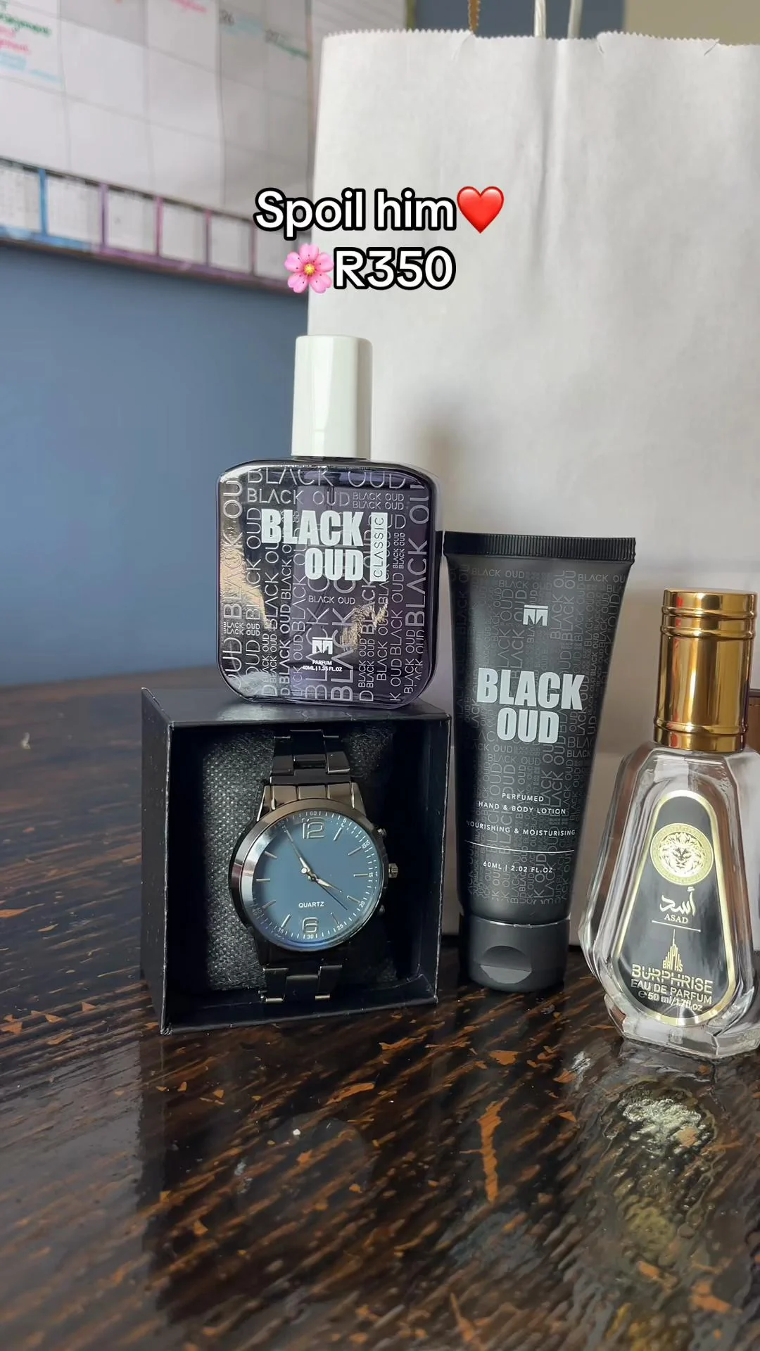 Black Oud fragrance gift set with perfume, lotion and watch