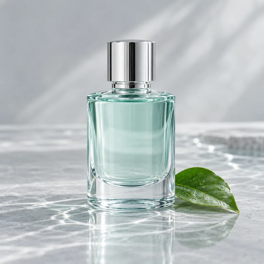 Clear pale-aqua perfume bottle with a fresh green leaf
