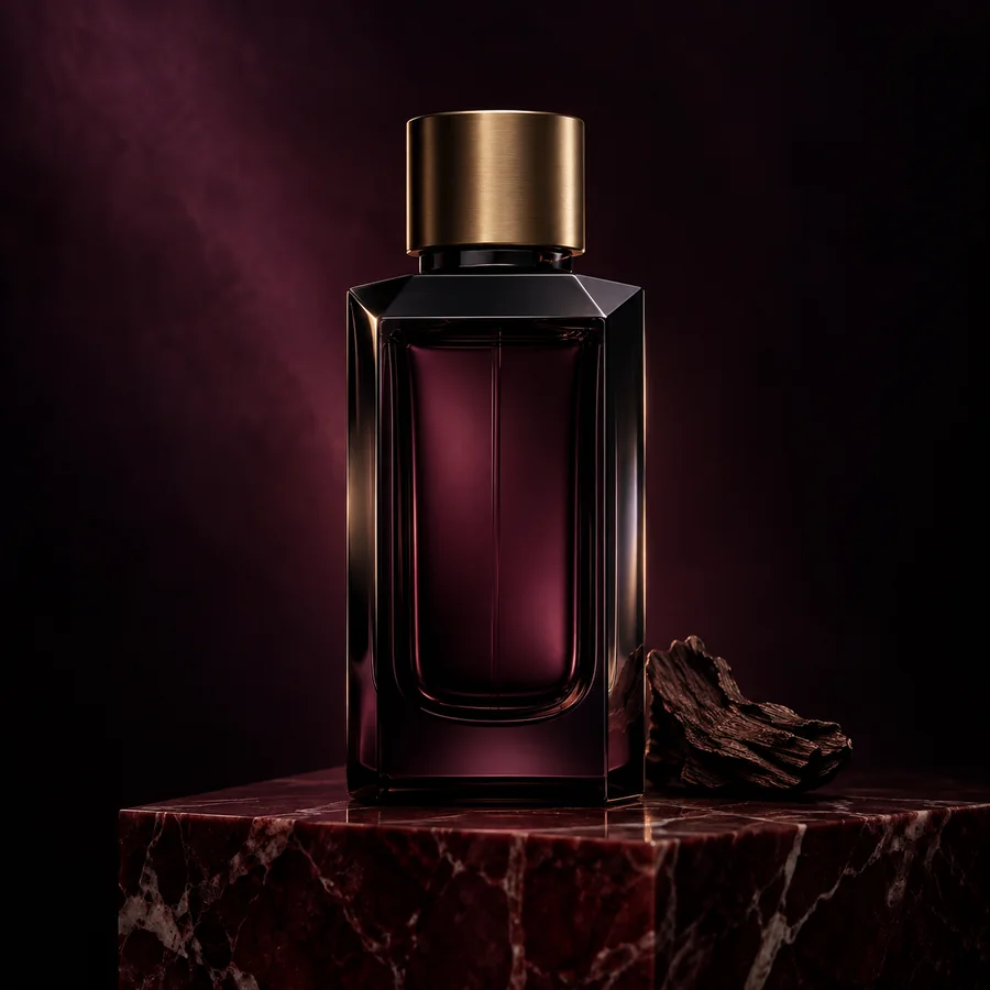 Deep plum and black perfume bottle on burgundy marble