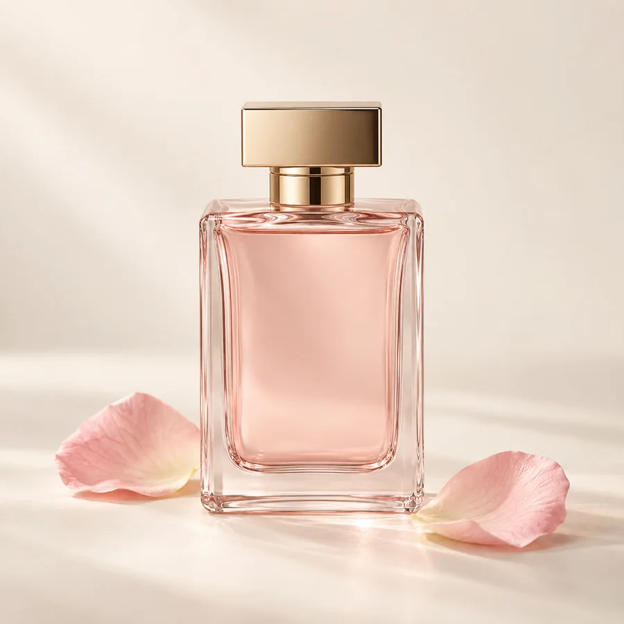 Blush glass perfume bottle with rose petals