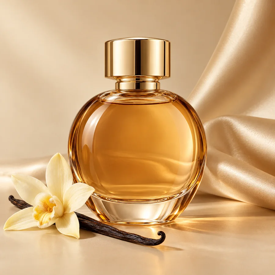 Amber perfume bottle with vanilla flower and pod